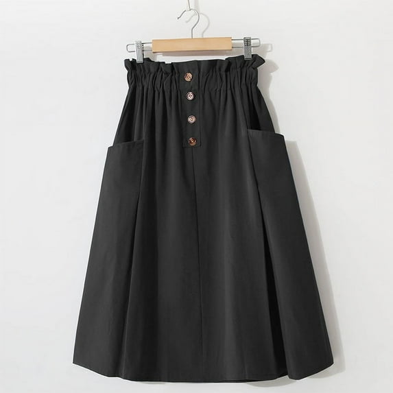 Vintage High Waist A Line Midi Skirt For Women Solid Button Skirts With Pockets Elastic Waist Beige One Size,  Black