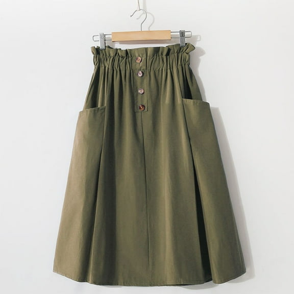Vintage High Waist A Line Midi Skirt For Women Solid Button Skirts With Pockets Elastic Waist Beige One Size,  Green