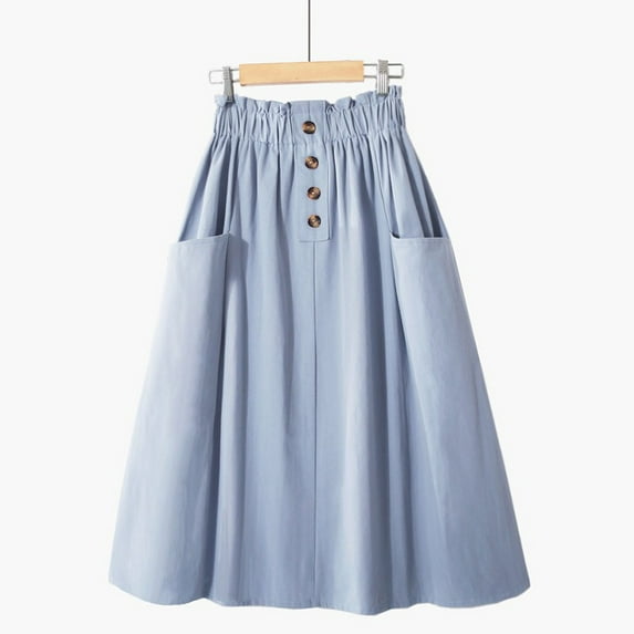 Vintage High Waist A Line Midi Skirt For Women Solid Button Skirts With Pockets Elastic Waist Beige One Size,  RoyalBlue