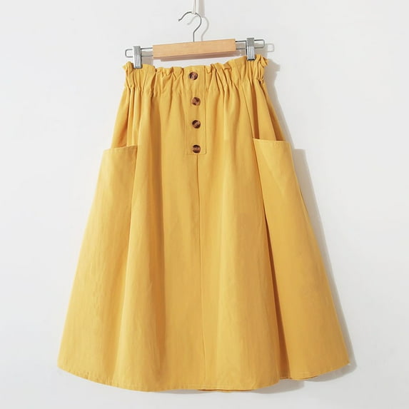 Vintage High Waist A Line Midi Skirt For Women Solid Button Skirts With Pockets Elastic Waist Beige One Size,  Yellow