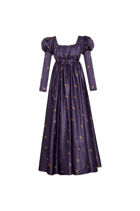 Vintage High Waistline Tea Party Ball Gown Purple Floral Puffy Sleeve Dress