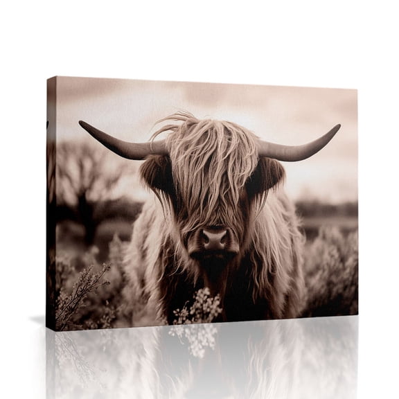 Vintage Highland Cow Canvas Wall Art (Rural Rustic Tone) Ready to Hang for Living Room