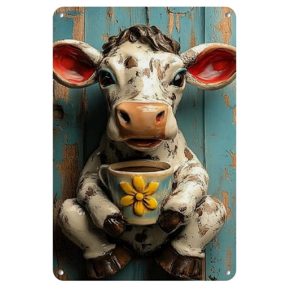 Vintage Highland Cow Metal Sign 8x12 Inch - Rustic Wall Art with Weathered Blue Wooden Plank Design for Home, Office, Café, or Bar Decor, Cow Decor