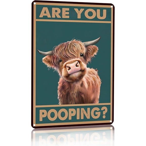Vintage Highland Cow Tin Sign: Funny "Are You Pooping?" Bathroom Wall Decor for Western & Highland Cow Lovers 8 x 12 Inch