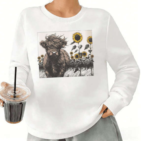 Vintage Highland Cow Womans Sweatshirt Graphic Sweatshirt Black White S-3XL Country Gift Loose Fit Crew Neck Tops