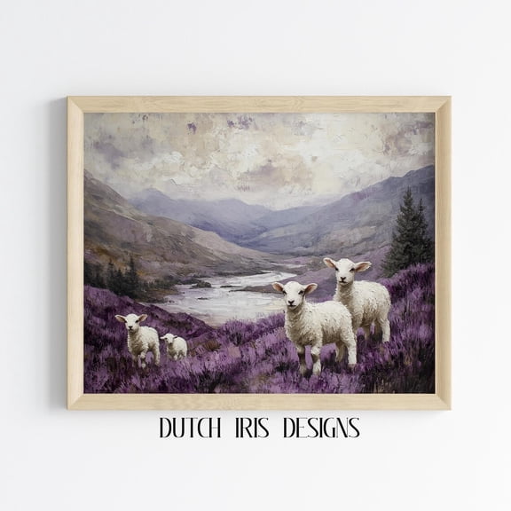 Vintage Highland Sheep Landscape, Rustic Countryside Scene, Pastoral Art, Moody Wall Decor, Cottagecore Print 592 Home Decor #1923, Stretched Canvas Size 12x18