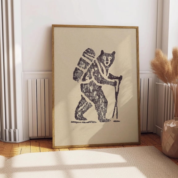 Vintage Hiking Bear Poster Wildlife Adventure Wall Art Rustic Nature Decor Outdoor Explorer Illustration 8x12 UNFRAMED