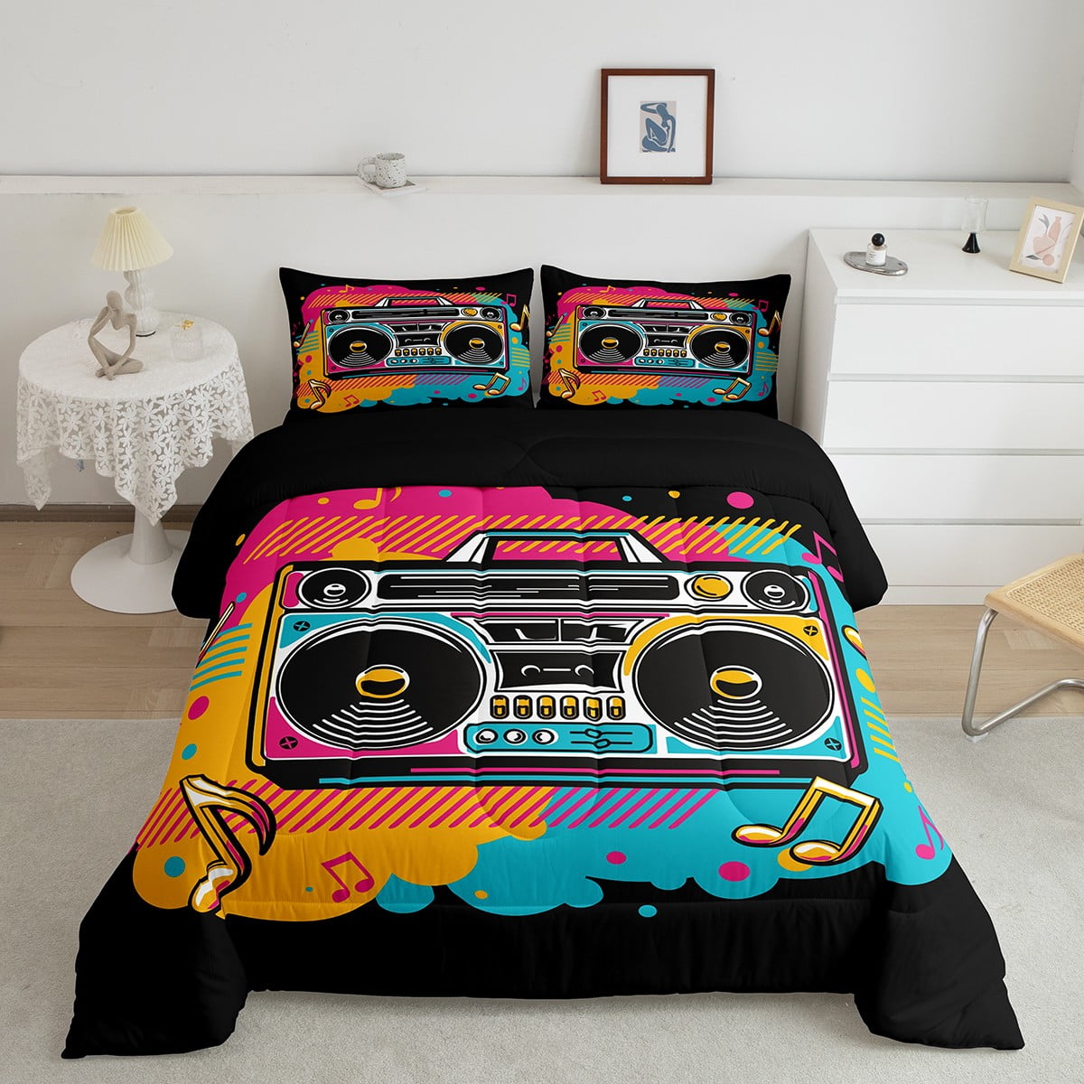 Vintage Hippie Music Comforter Set Queen 80S 90S Box Tape Recorder Down