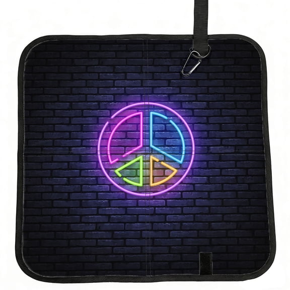 Vintage Hippie Neon Peace Sign Foldable Seat Cushion for Bleachers, Stadium Seats, Camping & Outdoor Events, Portable Lightweight Pad with Carabiner