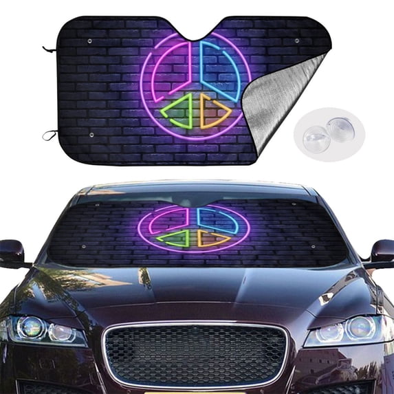 Vintage Hippie Neon Peace Sign Windshield Sunshade Sun Shade Front Window Car Sun Visor Protector for Truck SUV Blocks UV Ray,Small