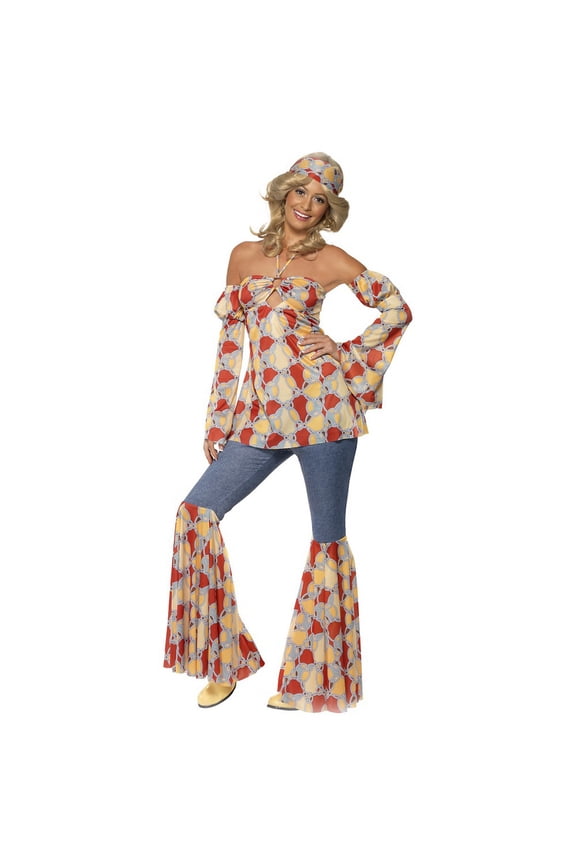 Vintage Hippy 1970s Costume Adult 70s Disco X Large Female Multi Coloured Fancy Dress Party Book Week Halloween