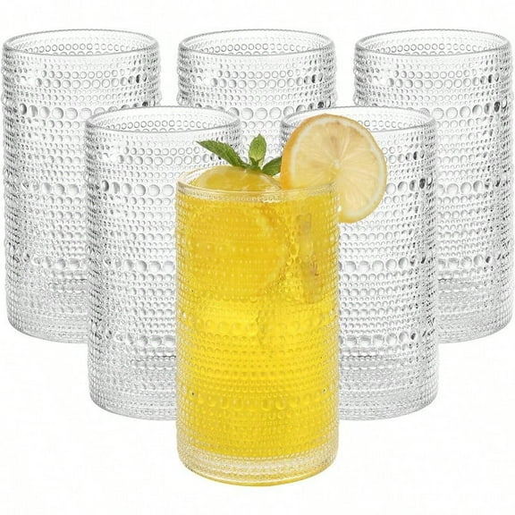 Vintage Hobnail Drinking Glasses Set of 6 16 oz Large Capacity Emed ClearTumblers Highball Glasses for Water Cocktail Beer Whiskey Kitchen Bar Use
