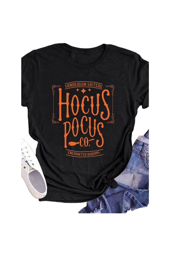 Vintage Hocus Pocus Graphic Tee, Tops Has "SANDERSON SISTERS HOCUS POCUS CO. ENCHANTED BROOMS" Design, Round Neck Regular Fit T - shirts, Size(S - 5XL)
