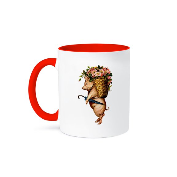 Vintage Hog With Flowers, 15oz Two-Tone Red Mug