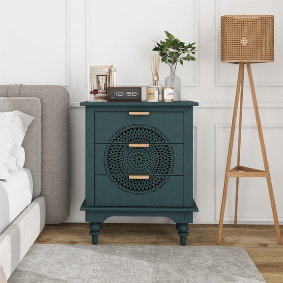 Vintage Hollow Carved 3 Drawer Nightstand Side Table with Metal Handles and Pine Legs, Anti Tipping Device, Modern Chest Dresser Night Stand End Table for Living Room Bedroom, Blackish Green