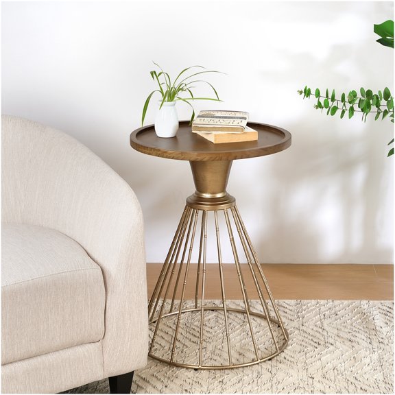 Vintage Hollow Edge Side Table with Floating Design, Antique Gold Metal and Natural Pine Wood Top for Living Room, Bedroom