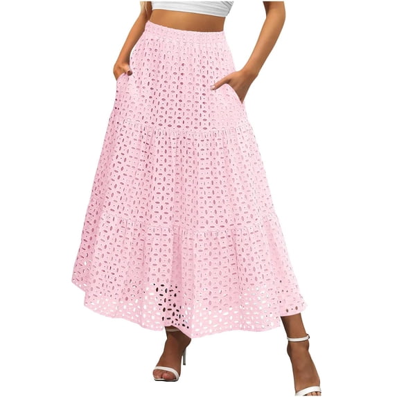 Vintage Hollow Embroidered Party Long Skirt Women Spring Summer Elastic Waist Casual Black White Cotton Dance Beach Skirt
