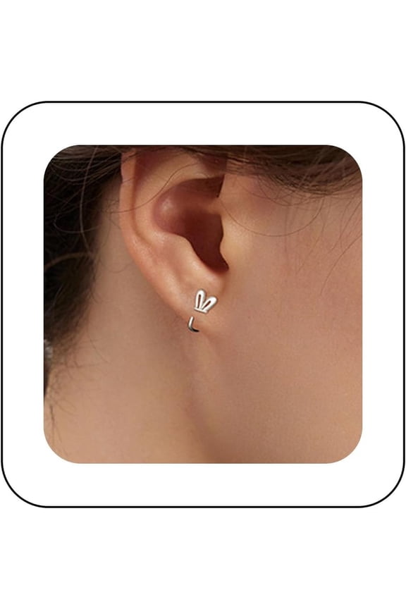 Vintage Hollow Rabbit Ear Huggie Earrings Silver Tiny Rabbit Ear Earrings Tiny Bunny Earrings Minimalist Cute Petite Earrings Jewelry for Women