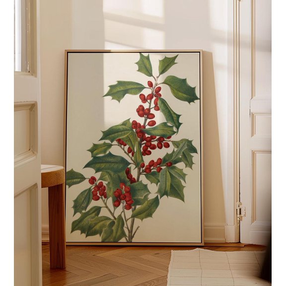 Vintage Holly Berry Poster: Rustic Red & Green Winter Decor Botanical Winter Wall Art, Unframed Poster Size 8x12