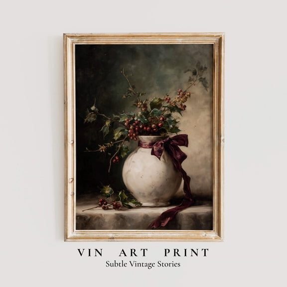 Vintage Holly Berry Still Life Wall Art Rustic Holiday Decor, Stretched Canvas Size 12x18