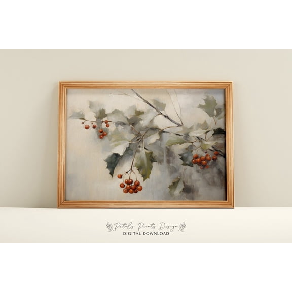 Vintage Holly Berry Winter Art Print, Rustic Wall Decor Home Decor #1659, Stretched Canvas Size 12x18