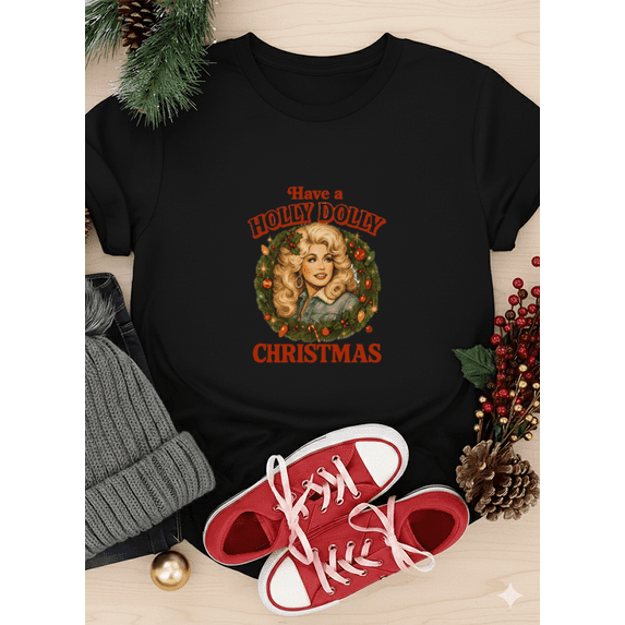 Vintage Holly Dolly Country Christmas Retro Art Unisex T-Shirt up to size 5XL