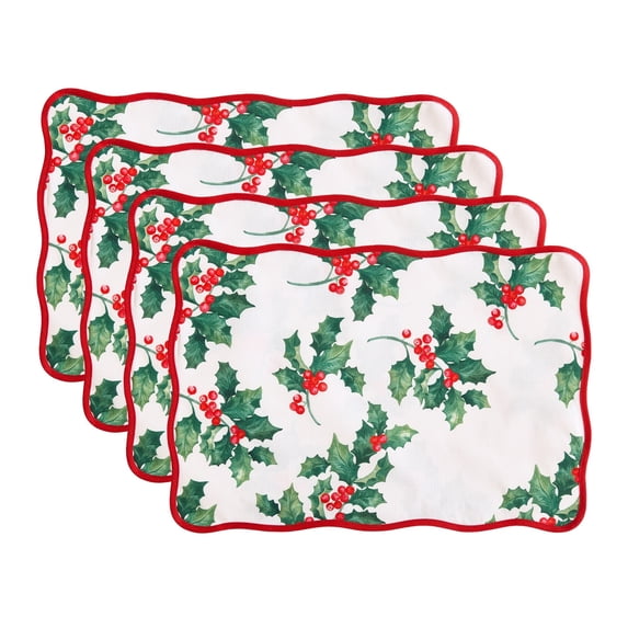 Elrene Home Fashions Vintage Holly Scallop Border Placemats, Set of 4, Multicolor, 13"W x 19"L