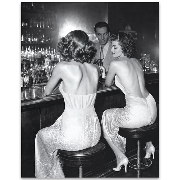 Vintage Hollywood Bar Scene - Ladies' Night Out 11x14 Unframed Poster Featuring Classic Black-and-White Photo of a 1940s Bar Scene, Retro Glamour for Elegant and Chic Lounge Dcor