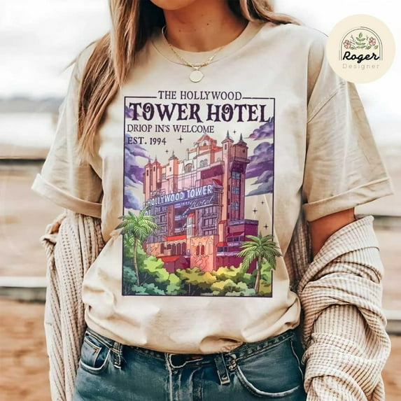 Vintage The Hollywood Tower Hotel Disney Hollywood Studios T-Shirt, WDW Disneyland Family Vacation 2025, The Twilight Zone Tower of Terror Tee,Sand color,size 2XL