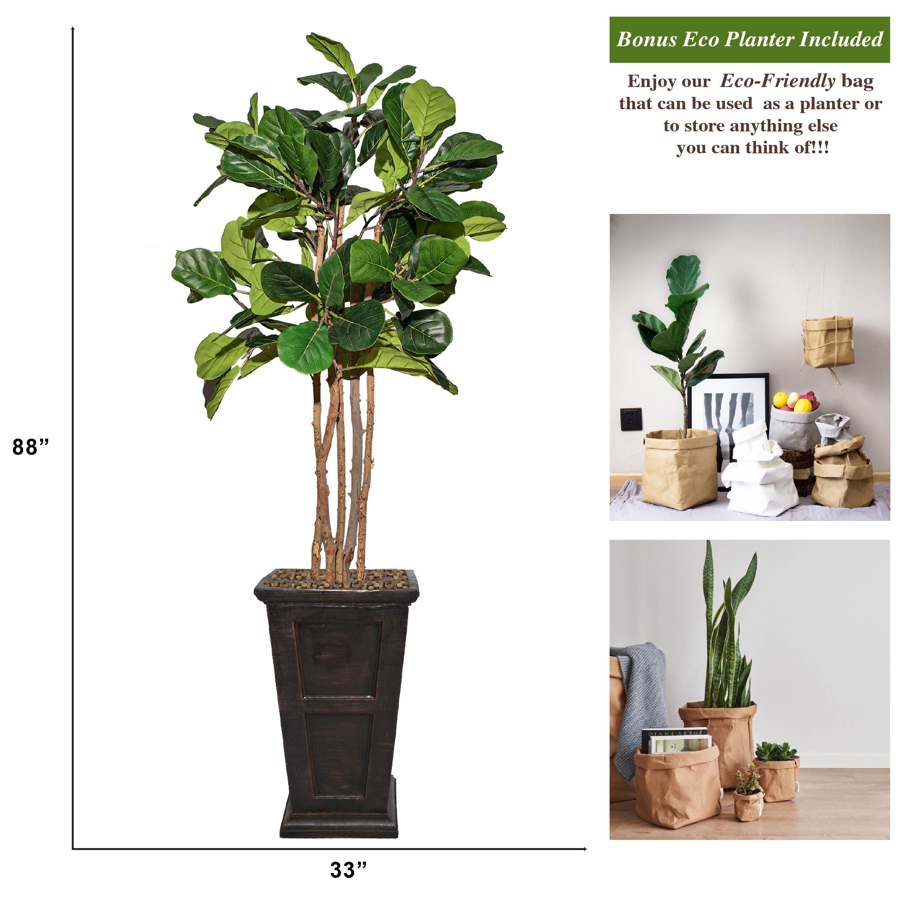 Vintage Home Artificial Faux Fig Tree 80" Large Fake Plant Real Touch for Indoor Home and Office Accent Décor with Eco Planter