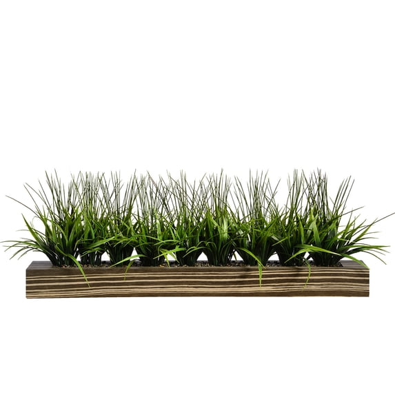 Vintage Home Artificial Faux Lifelike Plastic 13" Tall Green Grass In Zebra Wood Holder