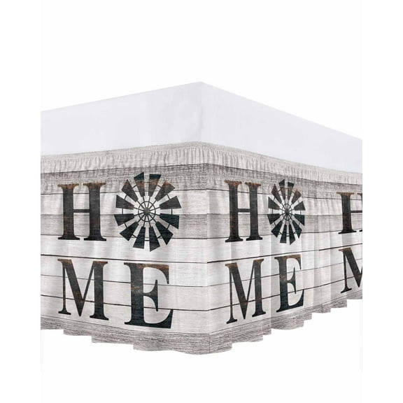 Vintage Home Bed Skirt Queen Size 16" Drop Windmill Word on Rustic Wooden Grain Ruffled Wrap Around Bed Skirts Adjustable Elastic Bedskirt Dust Ruffle for Queen Size Bed