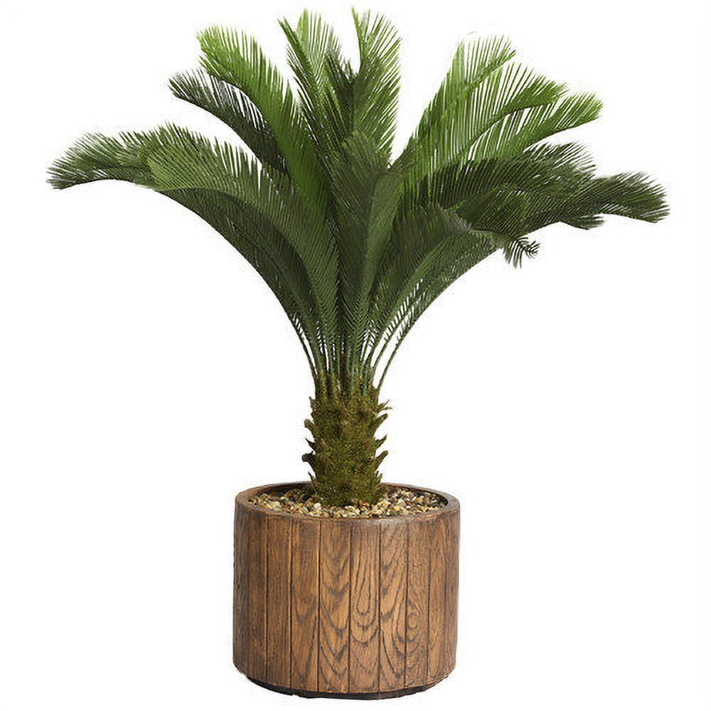 Tall Green Plastic Cycas Palm Tree in Black Planter