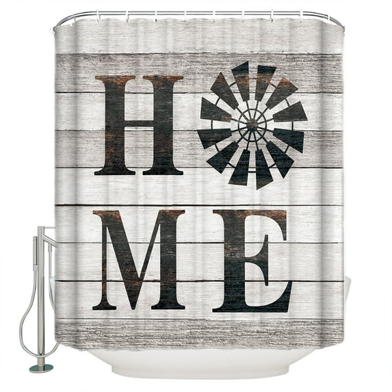 Vintage Home Shower Curtain, 60" x 72", Windmill Word on Rustic Wooden Grain Waterproof Bathroom Curtain Washable Shower Curtain Set with 12 Hooks
