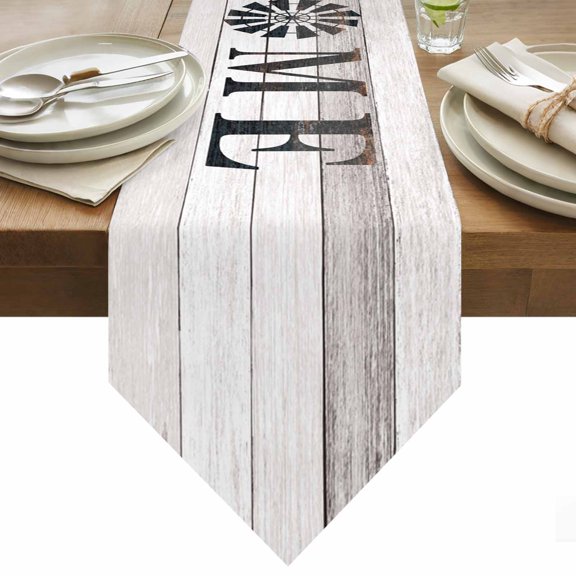 Vintage Home Table Runner 36 Inches Long Windmill Word on Rustic Wooden Grain Table Runners for Dining Room Tabletop Dresser Scarf Home Party Banquet Wedding Holiday Decoration