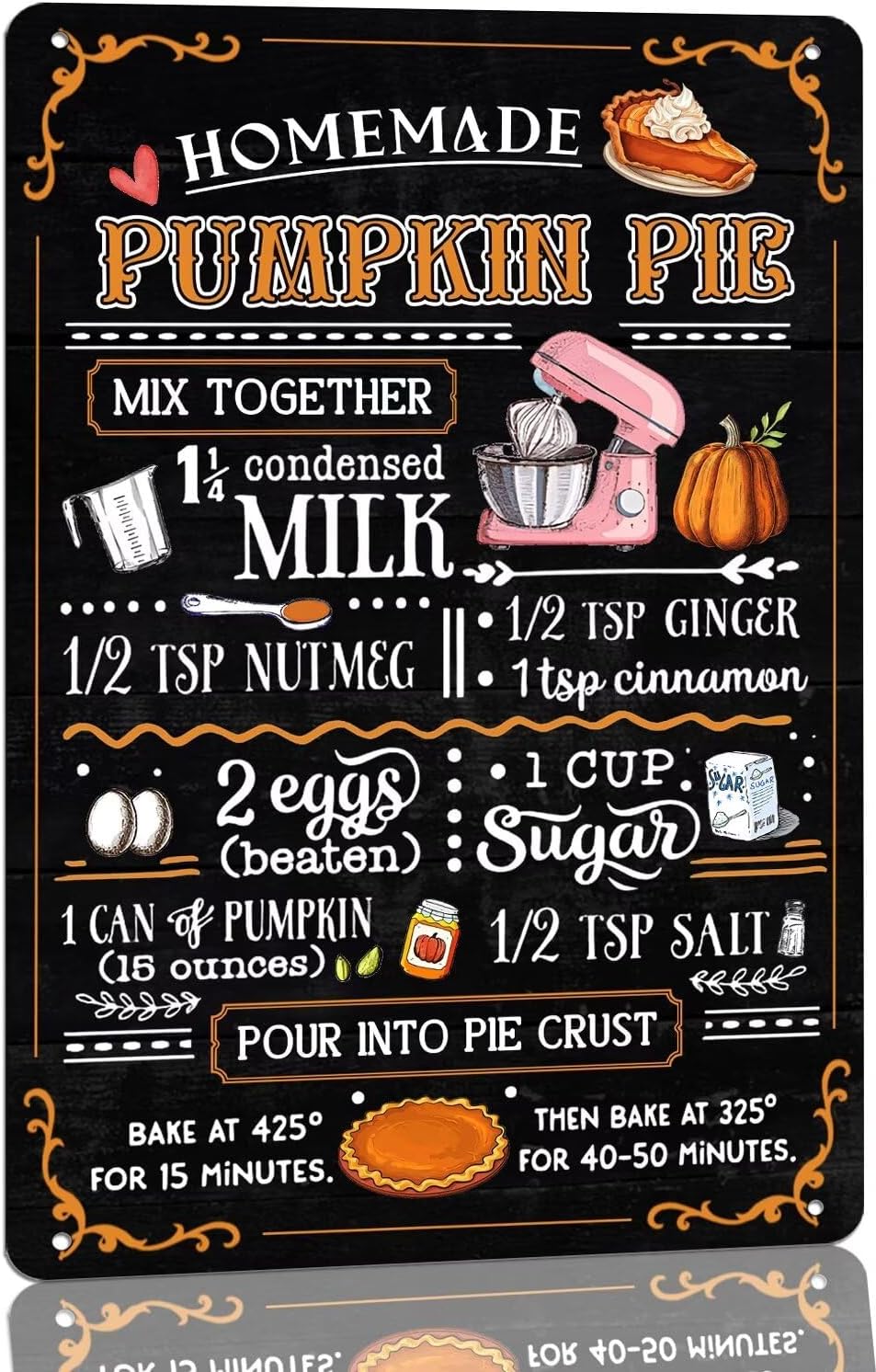 Vintage Homemade Pumpkin Pie Recipe Metal Tin Sign Rustic Fall Kitchen ...