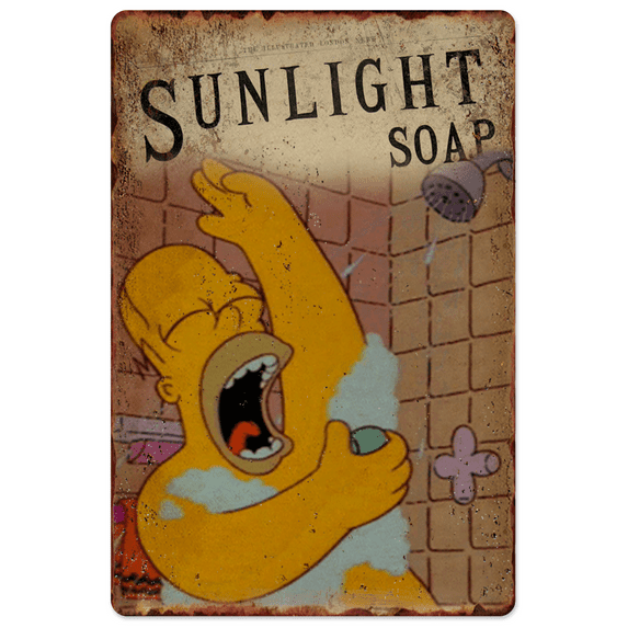 Vintage Homer Simpson Bathing Metal Plaque Poster Sunlight Soap Retro Metal Tin Sign Plaque Wall Decor Gift For Bathroom Restaurant Farm Bedroom Cafe School 12x17 Inch