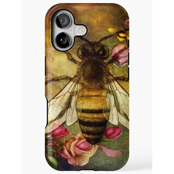 Vintage Honey Bee and Pink Roses Tough Case for Apple iPhone, Dual-Layer Polycarbonate and TPU