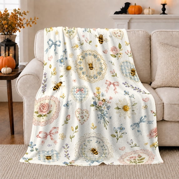 Vintage Honeybee Design Watercolor Roses Blue Bows, Cozy Friendship Quote Scene, Warm Flannel Blanket for Living Room and Reading Nook, Art Lovers Friendship Gift, Artistic Home Decor