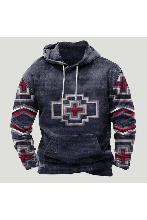 Vintage Hoodie for Men,Men's Western Aztec Sweatshirts Ethnic Print Graphic Patchwork Hoodies 2024 Casual Pullover Tops with Drawstring