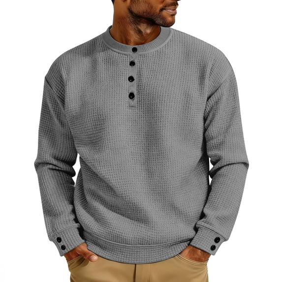 Vintage Hoodies for Men Long Sleeve Shirts for Men Casual Button Crewneck Waffle Knit Tops, Pullover Sweaters Basic Tee Workwear Sweatshirts Gray M