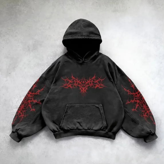 Vintage Hoodies for Men Y2K Gothic Streetwear Hooded Sweatshirt Lined Soft Pullover Tops Red S