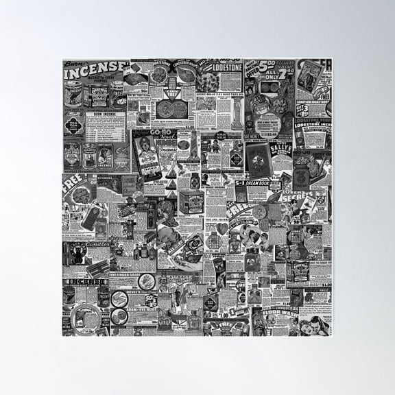 Vintage Hoodoo Advertisement Collage - Black And White - It'S Just More Punk Poster Wall Art, Modern Wall Decor For Living Room Bedroom, 16x16 UNFRAMED