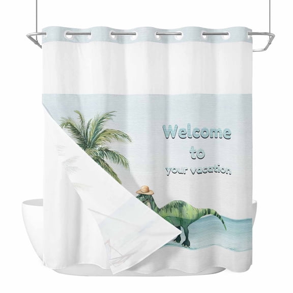 Vintage No Hook Shower Curtain with Snap in Liner Welcome Vacation Seaside Palm Tree Dinosaur Watercolor Waterproof Bathroom Shower Curtain with See Through Top Window for Bathtub 72" x 72"