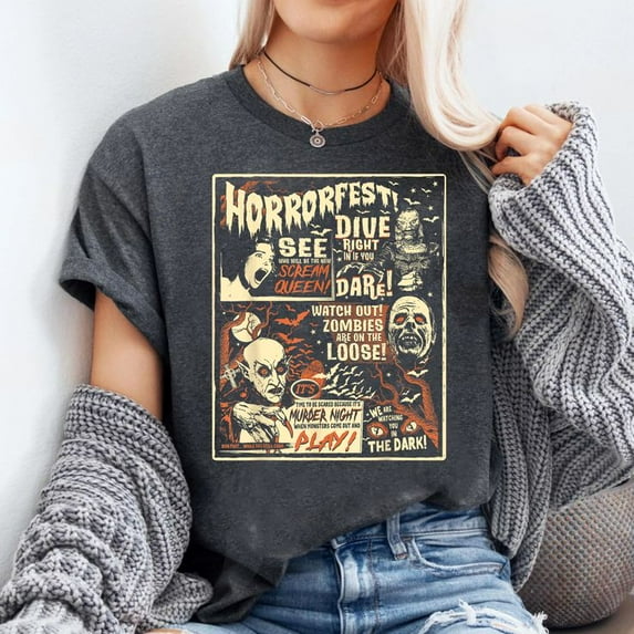Vintage Horrorfest Poster Movie Old Time Horror T-Shirt, Men's And Women's Graphic Tee 100% Cotton by TBun, Full Sizes S-5XL