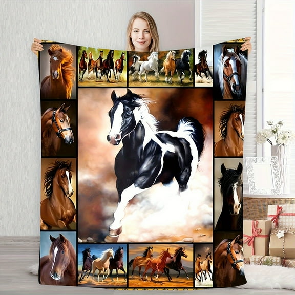Vintage Horse Print Flannel Throw Blanket Machine Washable All-Season Comfort Stain & Tear Resistant Perfect Gift for Equestrians Red