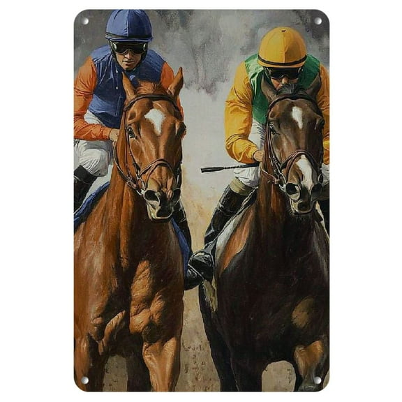 Vintage Horse Racing Metal Tin Sign - 8x12 Inch - Exciting Jockey Club Scene with Galloping Horses - Ideal Wall Art for Home, Bar, Cafe, Restaurant, Horse Lover Gifts