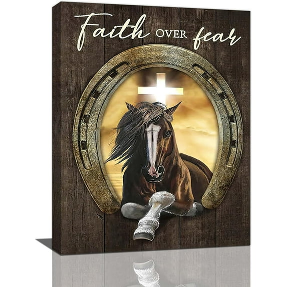 Vintage Horse Wall Art Rustic Christian Cross Horse Pictures Wall Decor Farmhouse Horse Painting Canvas Prints Modern Artwork Framed Home Decor for Bathroom Bedroom Living Room 12"x16"