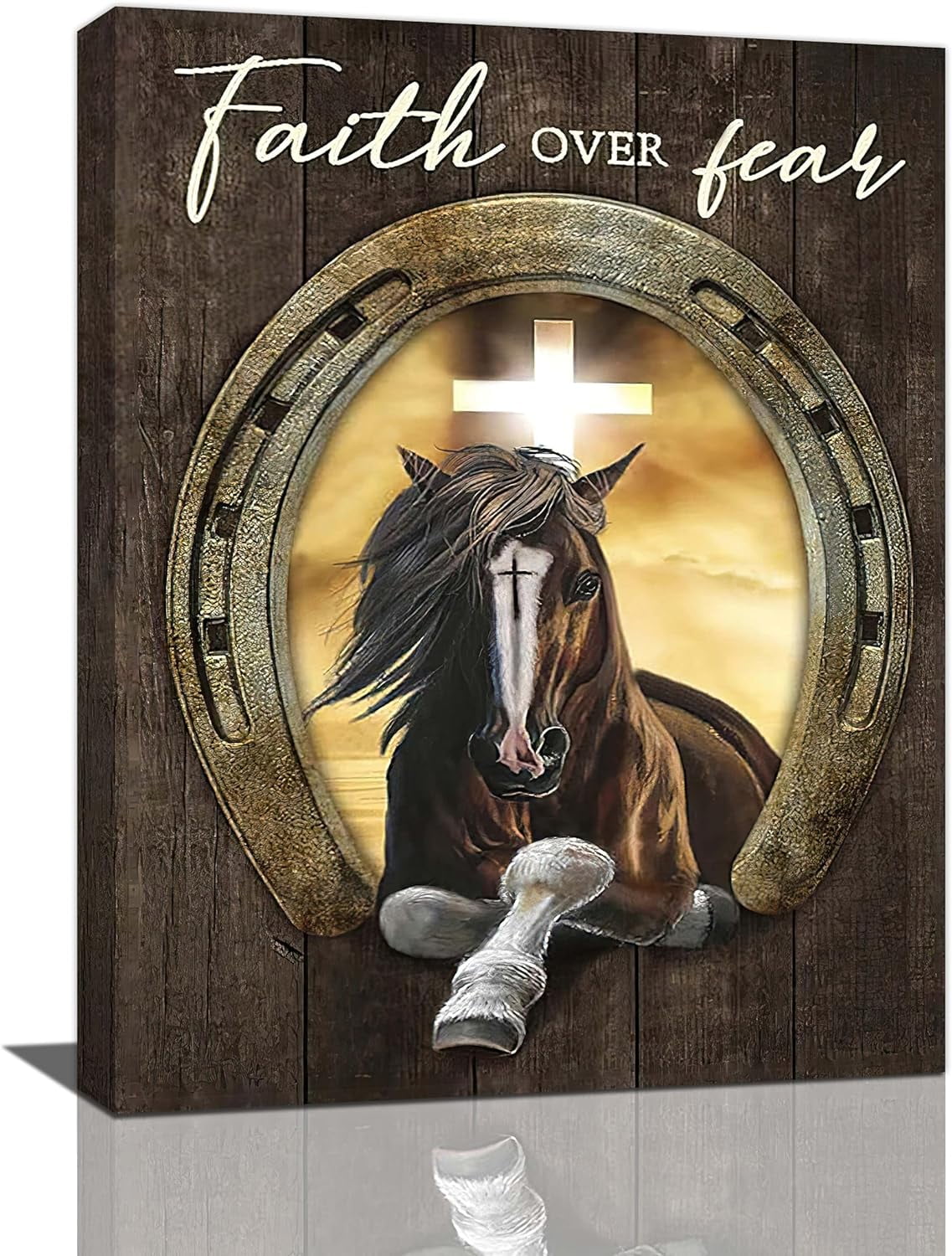 Vintage Horse Wall Art Rustic Christian Cross Horse Pictures Wall Decor Farmhouse Horse Painting Canvas Prints Modern Artwork Framed Home Decor for Bathroom Bedroom Living Room 12"x16"