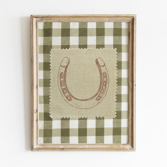Vintage Horseshoe Poster, Rustic Western Downloadable Poster Wall Art, Retro Lucky Horseshoe , Cottagecore Decor, Country Gingham, Size 12x18 UNFFRAMED F03.1.7l3203
